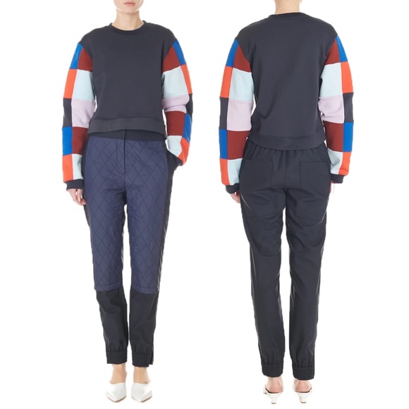 TIBI navy blue mixed media quilted combo wool jogger pants 8